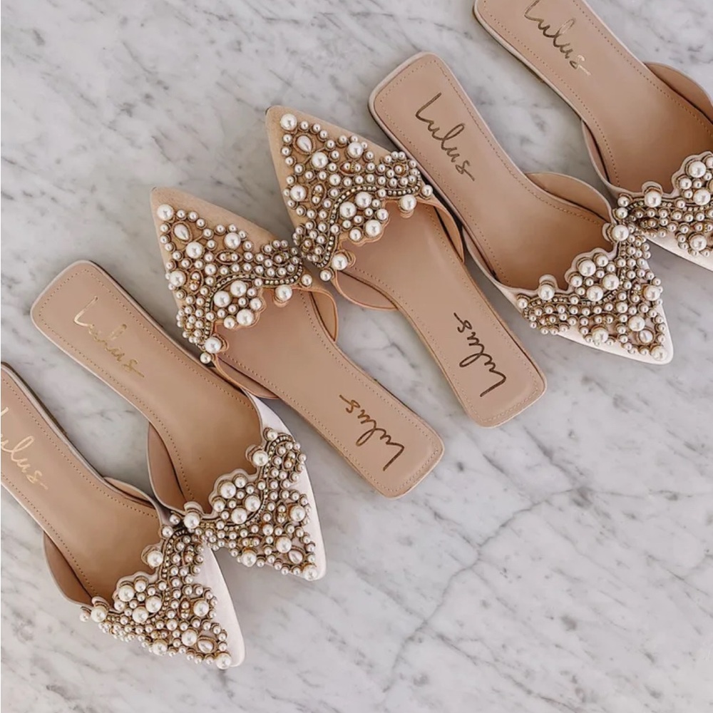 Never worn, new!!! 
Lulus Flora Beige Suede Pearl Embroidered Pointed-Toe Flats